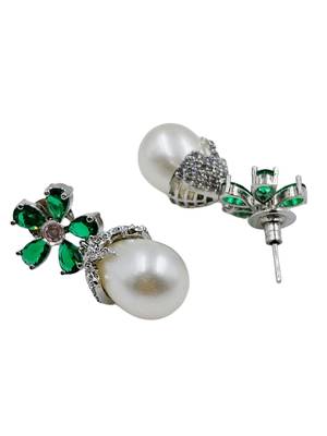Green stone floral stud pearl drop earrings for women 2