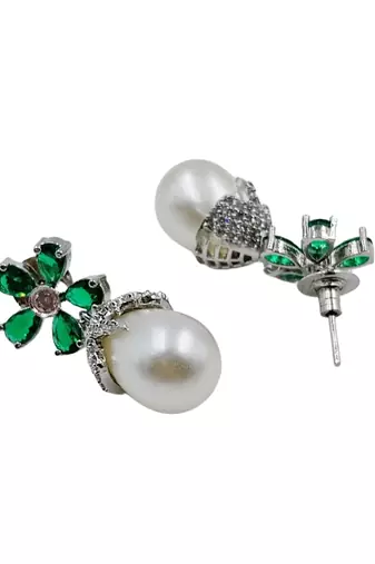 Green stone floral stud pearl drop earrings for women