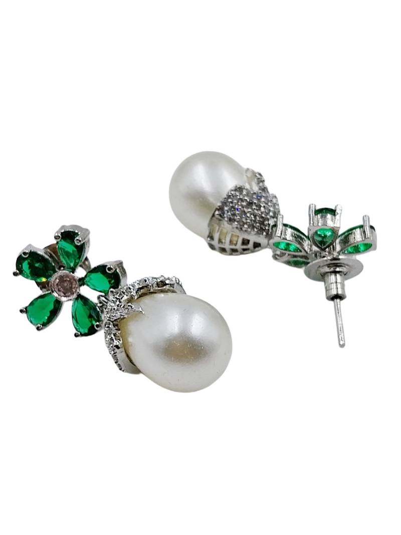 Green stone floral stud pearl drop earrings for women