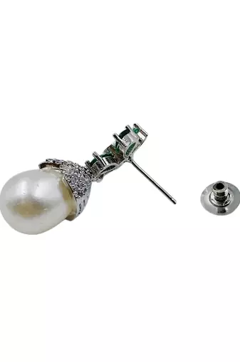 Green stone floral stud pearl drop earrings for women