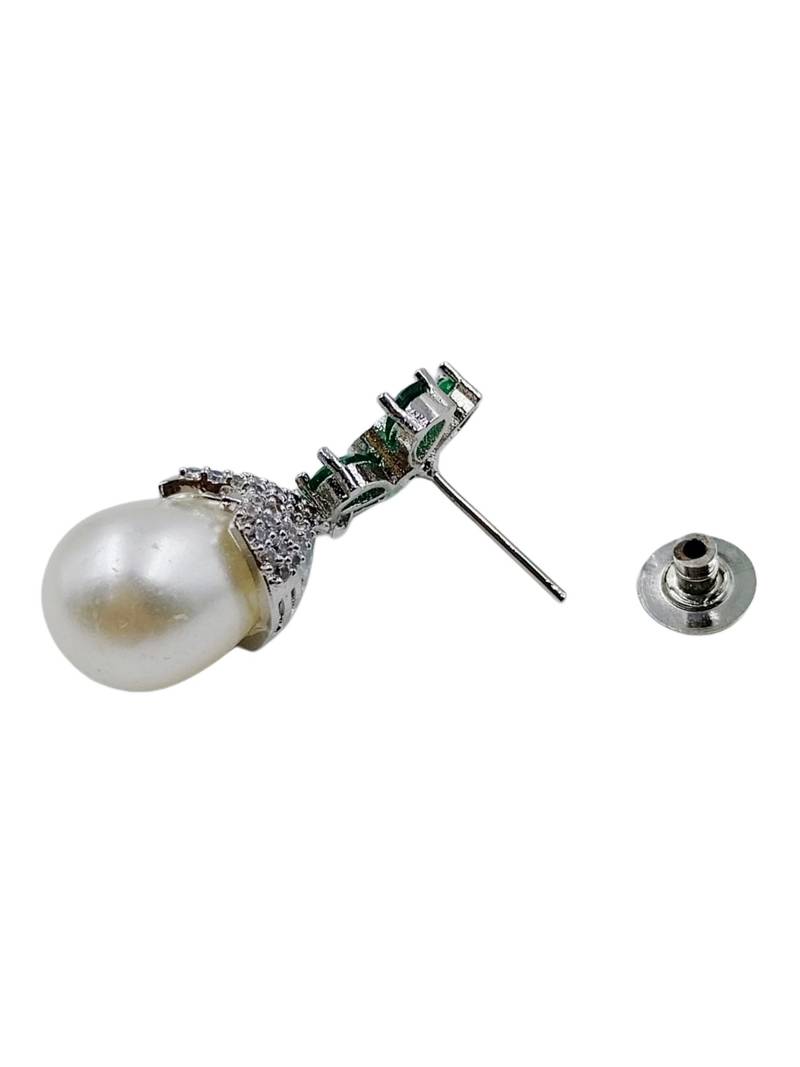 Green stone floral stud pearl drop earrings for women