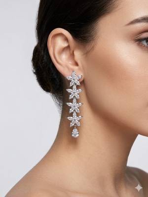 Silver plated cubic zirconia floral long drop earrings for women and girls 2