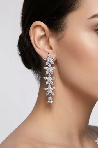 Silver plated cubic zirconia floral long drop earrings for women and girls
