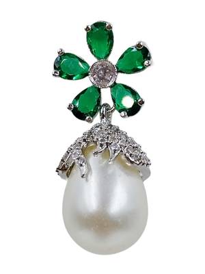 Green stone floral stud pearl drop earrings for women 4