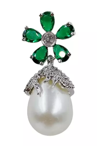 Green stone floral stud pearl drop earrings for women