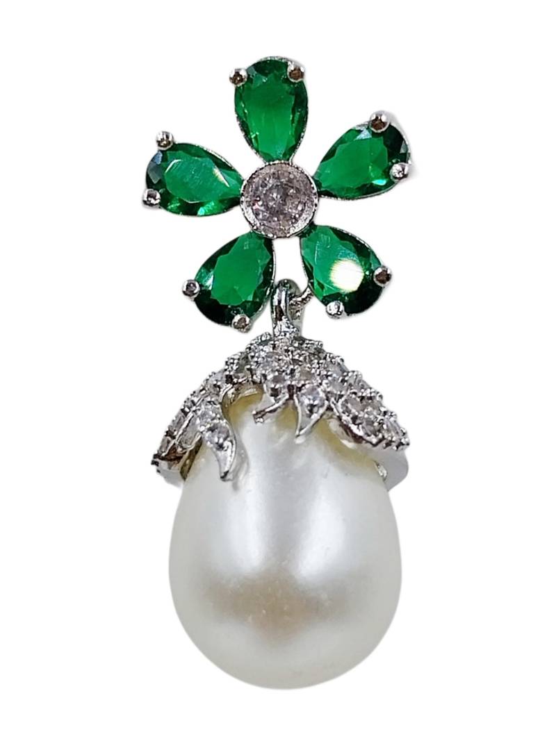 Green stone floral stud pearl drop earrings for women