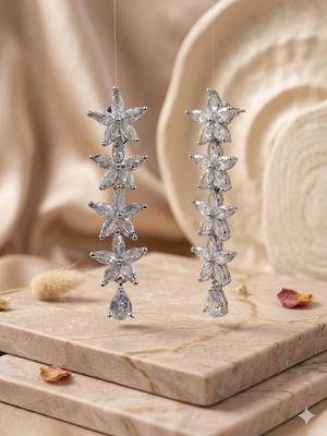 Silver plated cubic zirconia floral long drop earrings for women and girls 3