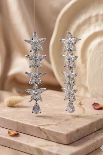 Silver plated cubic zirconia floral long drop earrings for women and girls