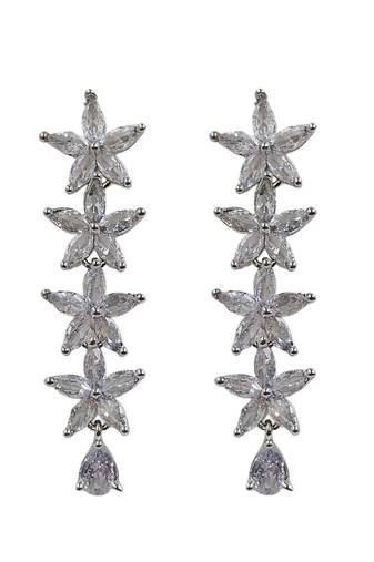 Silver plated cubic zirconia floral long drop earrings for women and girls