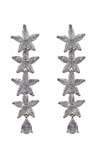 Silver plated cubic zirconia floral long drop earrings for women and girls