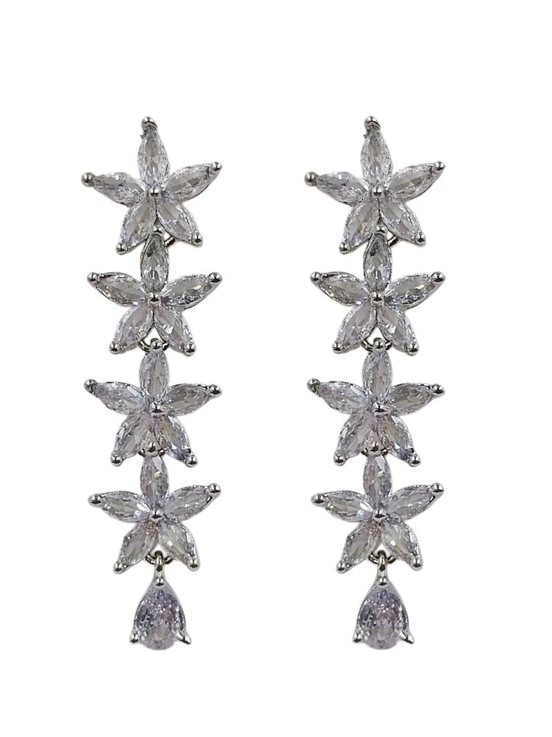 Silver plated cubic zirconia floral long drop earrings for women and girls
