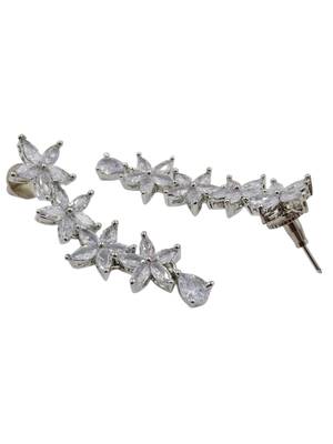 Silver plated cubic zirconia floral long drop earrings for women and girls 5