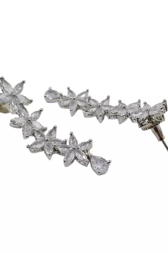 Silver plated cubic zirconia floral long drop earrings for women and girls