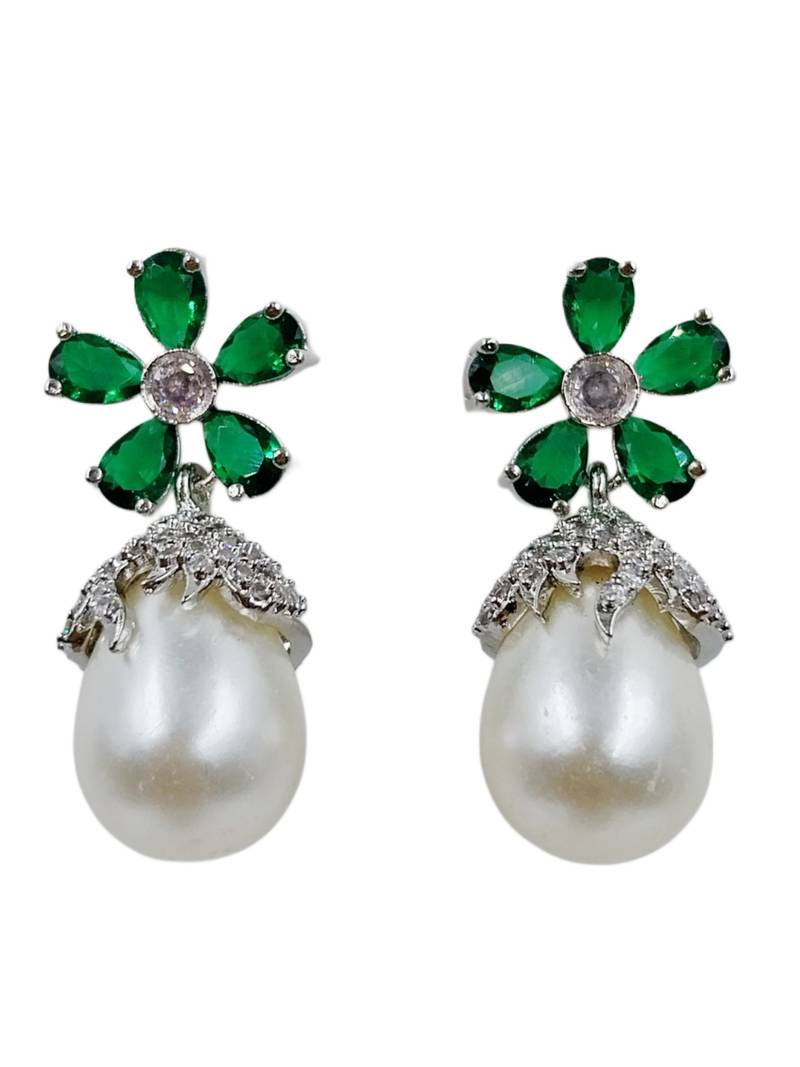 Green stone floral stud pearl drop earrings for women