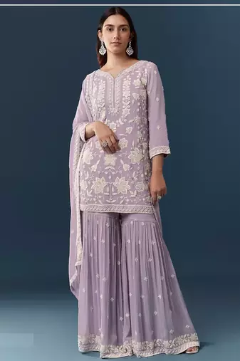 Lavender chiffon georgette sharara salwar suit collection semi stitched
