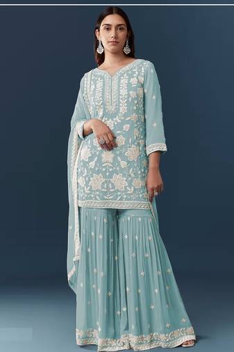 Sky blue chiffon georgette sharara salwar suit collection semi stitched