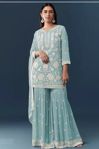 Sky blue chiffon georgette sharara salwar suit collection semi stitched