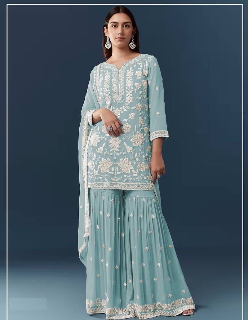Sky blue chiffon georgette sharara salwar suit collection semi stitched