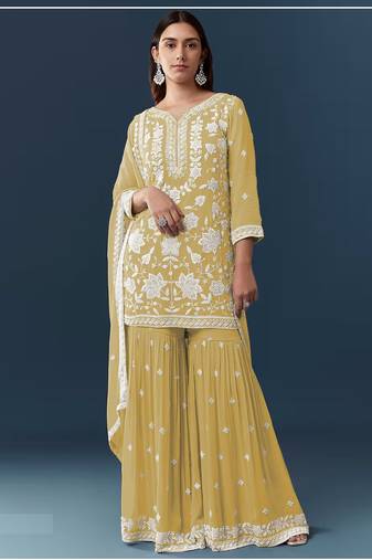 Yellow chiffon georgette sharara salwar suit collection semi stitched