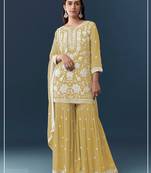Yellow chiffon georgette sharara salwar suit collection semi stitched