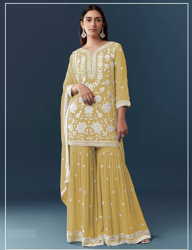 Yellow chiffon georgette sharara salwar suit collection semi stitched