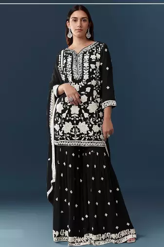 Black chiffon georgette sharara salwar suit collection semi stitched