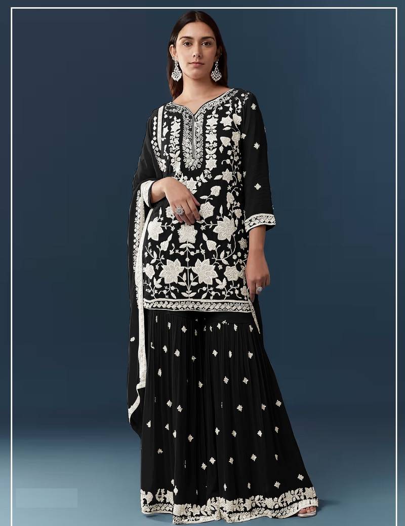 Black chiffon georgette sharara salwar suit collection semi stitched