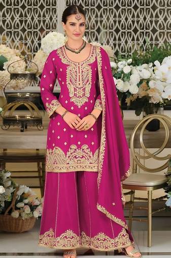 Rani pink chinon sharara salwar suit collection semi stitched