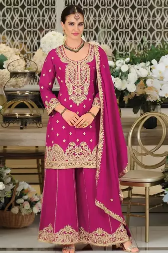 Rani pink chinon sharara salwar suit collection semi stitched