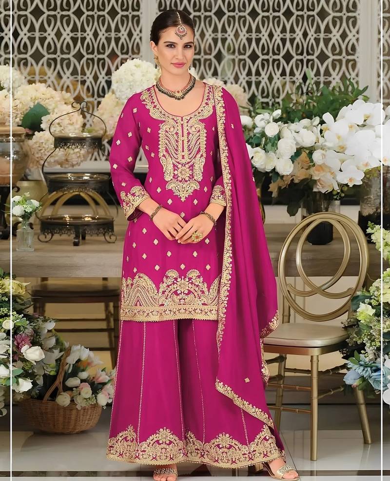 Rani pink chinon sharara salwar suit collection semi stitched