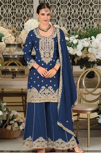 Blue chinon sharara salwar suit semi stitched
