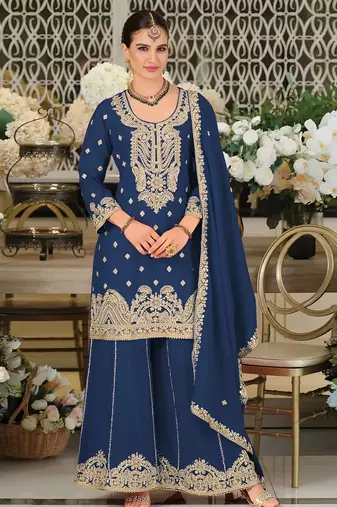 Blue chinon sharara salwar suit collection semi stitched
