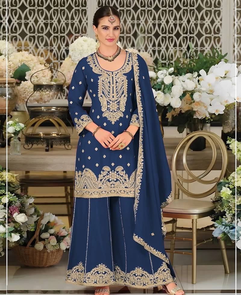 Blue chinon sharara salwar suit collection semi stitched