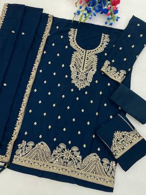 Blue chinon sharara salwar suit semi stitched 2