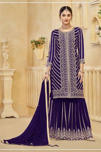 Purple blooming georgette sharara salwar suit collection semi stitched