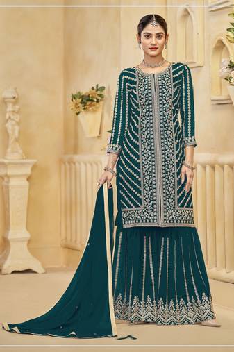 Teal green blooming georgette sharara salwar suit collection semi stitched