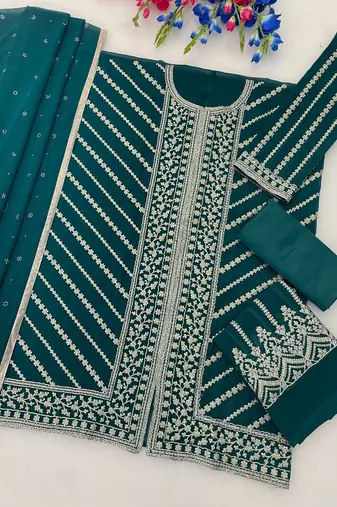 Teal green blooming georgette sharara salwar suit collection semi stitched