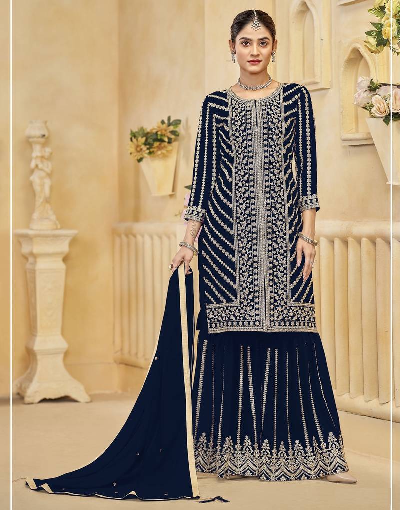 Blue blooming georgette sharara salwar suit collection semi stitched