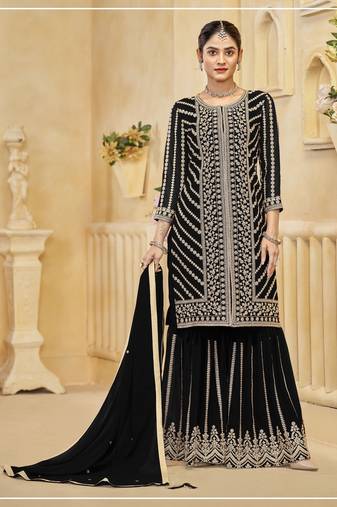 Black blooming georgette sharara salwar suit collection semi stitched