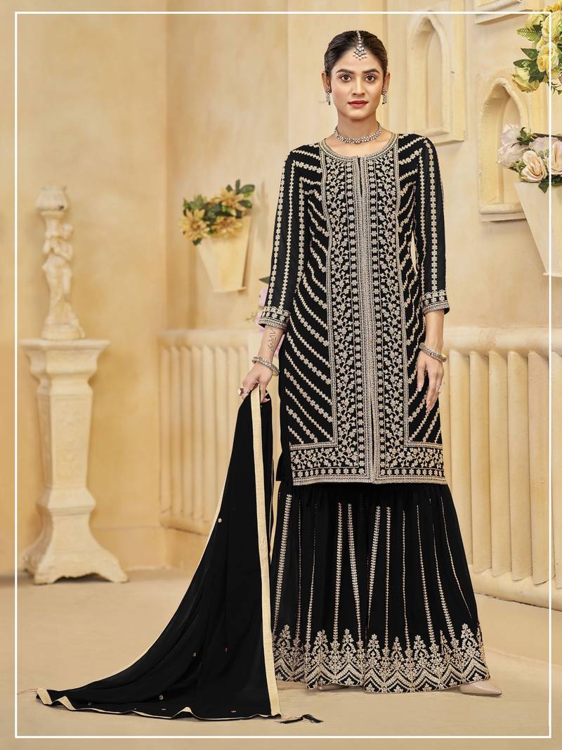 Black blooming georgette sharara salwar suit collection semi stitched
