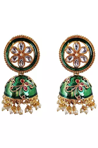 Green meenakari kundan jhumka earrings for women