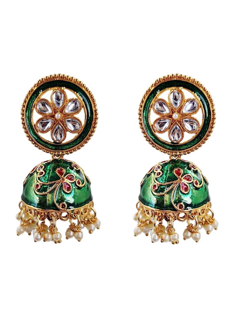 Green meenakari kundan jhumka earrings for women