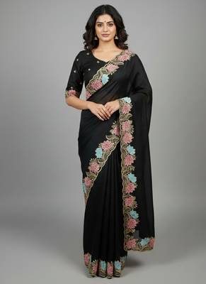 Black star georgette pastel floral resham & zari embroidery saree 1