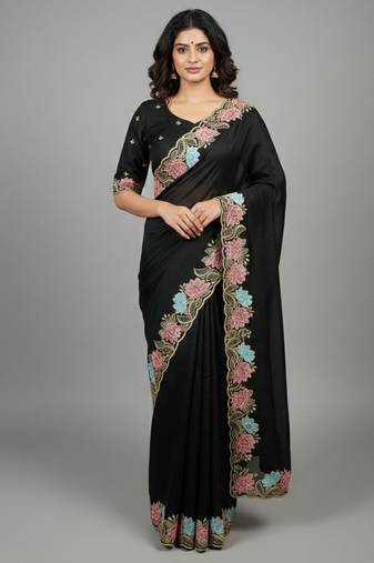 Black star georgette pastel floral resham & zari embroidery saree