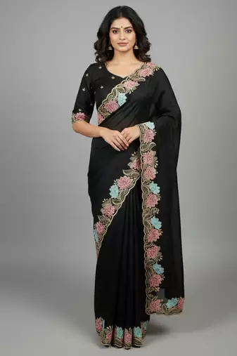 Black star georgette pastel floral resham & zari embroidery saree