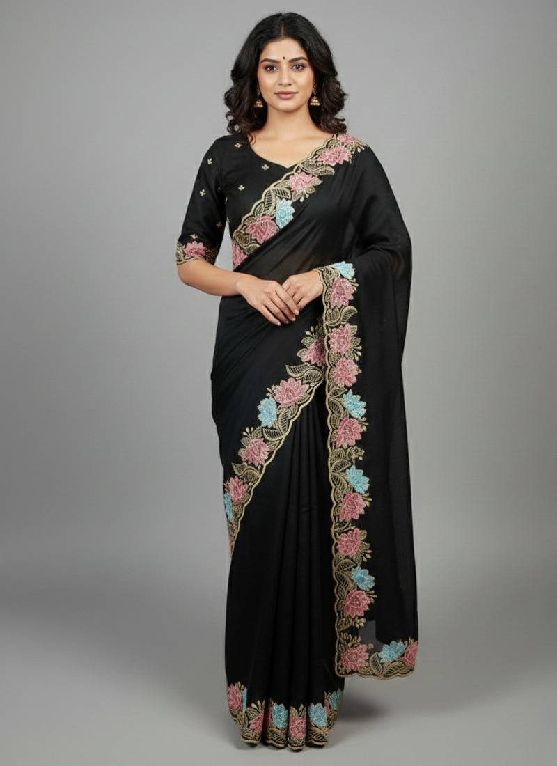 Black star georgette pastel floral resham & zari embroidery saree