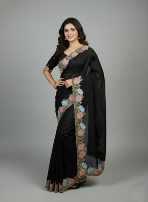 Black star georgette pastel floral resham & zari embroidery saree 2