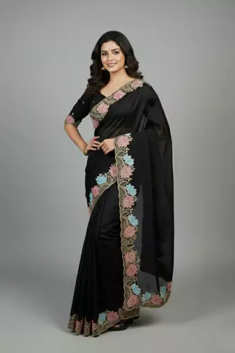 Black star georgette pastel floral resham & zari embroidery saree