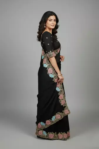 Black star georgette pastel floral resham & zari embroidery saree