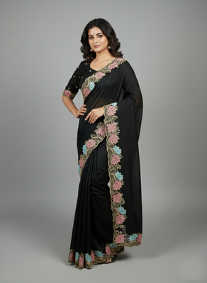 Black star georgette pastel floral resham & zari embroidery saree 4